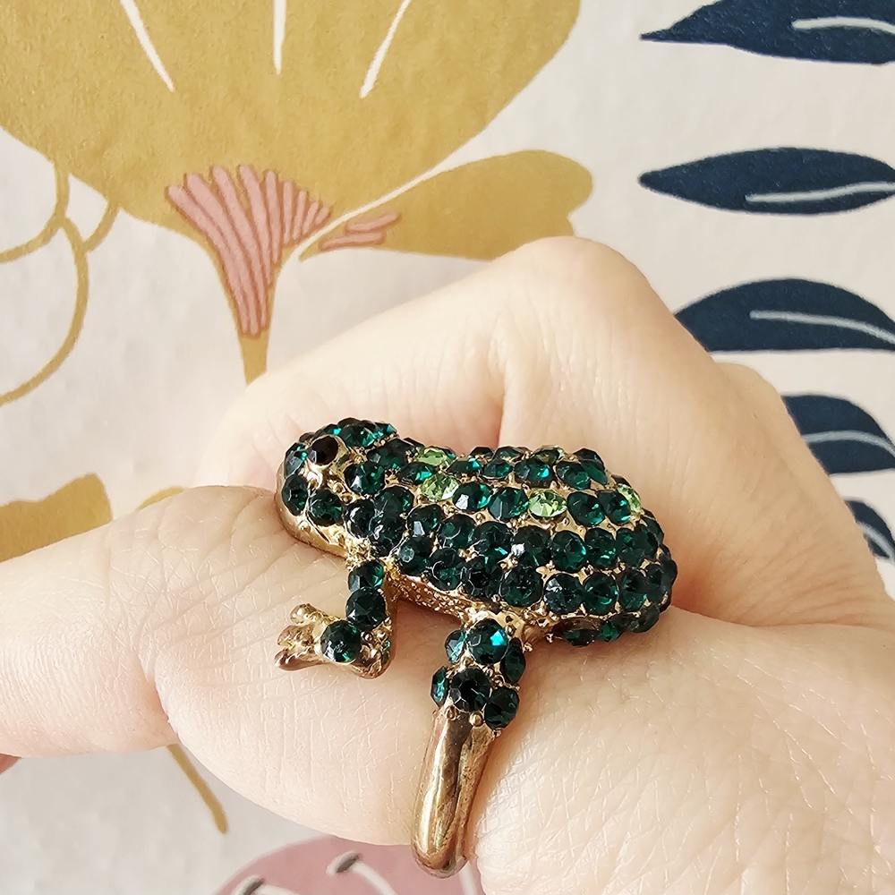 Green Crystal and Gold Frog Ring